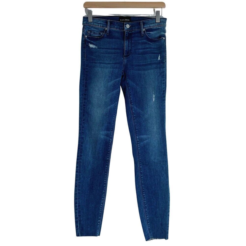 Black Orchid Dark Wash Distressed Skinny Jeans Raw Hem Size 25